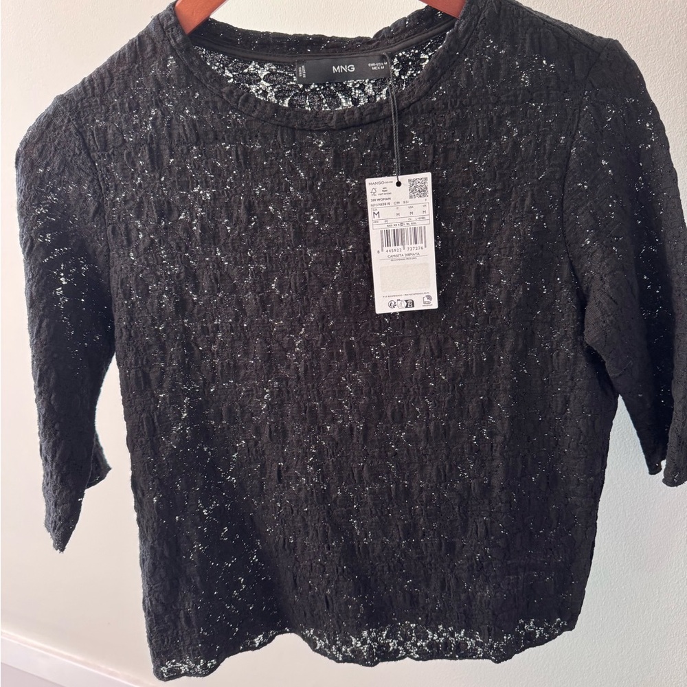 Mango textured Black Lace Top tee size medium NWT